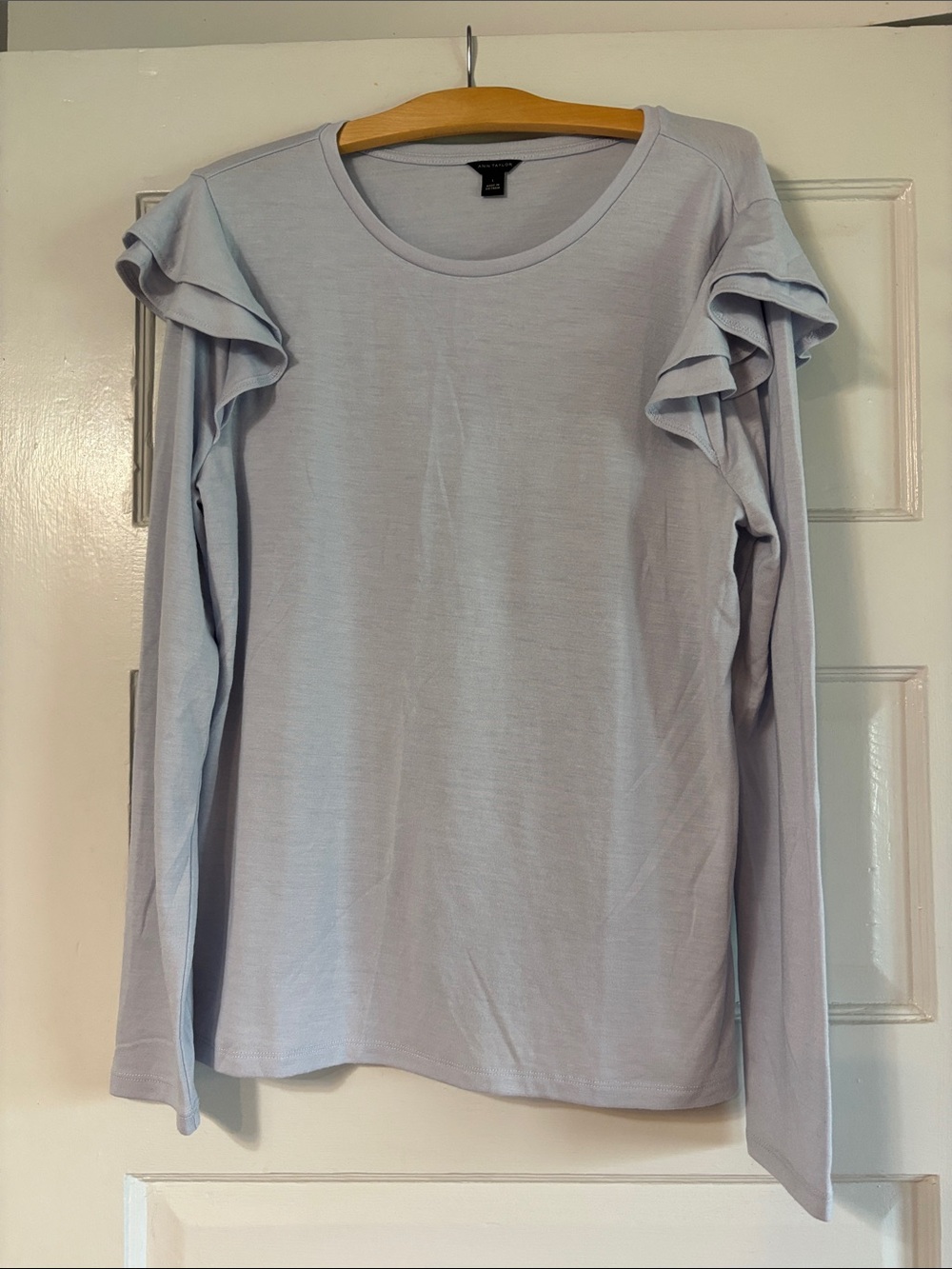 Ann Taylor Light Blue Ruffle Shoulder Long Sleeve Tee